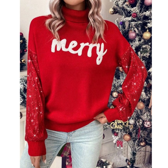 Christmas Red Turtleneck Sweater with Sequin Sleeves - Picture 4 of 8